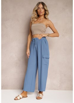 Niebieskie Spodnie z Kieszeniami Cargo High Waist z Gumką w Pasie Naerille ze sklepu Renee odzież w kategorii Spodnie damskie - zdjęcie 173286053