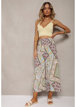 Miętowe Szerokie Spodnie Culottes z Mozaikowym Wzorem i Gumką w Pasie Mizina ze sklepu Renee odzież w kategorii Spodnie damskie - zdjęcie 173286061