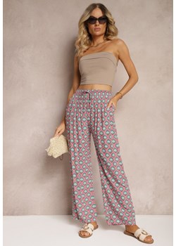 Różowo-Zielone Szerokie Spodnie z Gumką w Talii z Wiskozy w Mozaikowy Print Wavelette ze sklepu Renee odzież w kategorii Spodnie damskie - zdjęcie 173286063