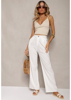 Białe Spodnie z Szerokimi Prostymi Nogawkami High Waist z Lnem Amivesa ze sklepu Renee odzież w kategorii Spodnie damskie - zdjęcie 173286101