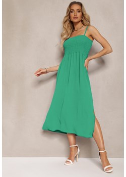 Zielona Sukienka o Rozkloszowanym Kroju z Marszczeniem i Regulowanymi Ramiączkami Ebinara ze sklepu Renee odzież w kategorii Sukienki - zdjęcie 173286112