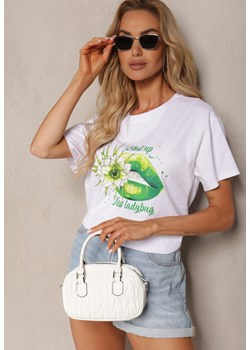 Biało-Zielony Bawełniany T-shirt Koszulka z Krótkim Rękawem i Nadrukiem Gravilla ze sklepu Renee odzież w kategorii Bluzki damskie - zdjęcie 173286134