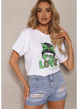 Biało-Zielony T-shirt z Bawełny Ozdobiony Nadrukiem Tarvilla ze sklepu Renee odzież w kategorii Bluzki damskie - zdjęcie 173286154