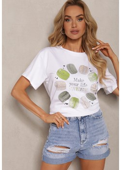 Biało-Zielony T-shirt z Bawełny z Ozdobnym Nadrukiem i Cyrkoniami Tessera ze sklepu Renee odzież w kategorii Bluzki damskie - zdjęcie 173286174