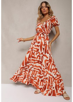Pomarańczowa Sukienka z Wiskozy z Trójkątnym Dekoltem i Gumką w Pasie z Materiałowym Paskiem Viketa ze sklepu Renee odzież w kategorii Sukienki - zdjęcie 173286330