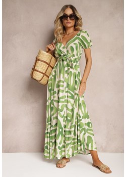 Zielona Sukienka z Wiskozy z Trójkątnym Dekoltem i Gumką w Pasie z Materiałowym Paskiem Viketa ze sklepu Renee odzież w kategorii Sukienki - zdjęcie 173286334