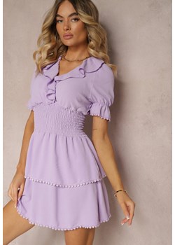 Fioletowa Rozkloszowana Sukienka z Gumką w Talii i Ozdobnymi Falbankami przy Dekolcie Arcidia ze sklepu Renee odzież w kategorii Sukienki - zdjęcie 173286364
