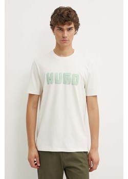HUGO t-shirt bawełniany męski kolor beżowy z nadrukiem 50516624 ze sklepu ANSWEAR.com w kategorii T-shirty męskie - zdjęcie 173288183