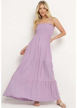 Fioletowa Sukienka na Ramiączkach z Marszczonym Dekoltem i Gumką w Pasie z Falbankami Tiamalee ze sklepu Born2be Odzież w kategorii Sukienki - zdjęcie 173296301
