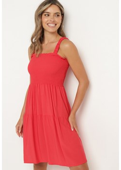 Czerwona Sukienka na Ramiączkach z Gumką w Talii i Falbankami Tiamaree ze sklepu Born2be Odzież w kategorii Sukienki - zdjęcie 173296343