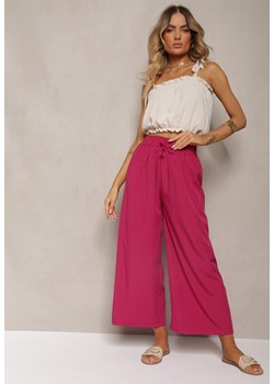 Ciemnofioletowe Spodnie High Waist z Szerokimi Nogawkami z Wiskozą Wykończone Gumką w Talii Crisantas ze sklepu Renee odzież w kategorii Spodnie damskie - zdjęcie 173296504