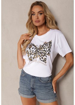 Biały T-shirt z Bawełny  Wykończony z Przodu Nadrukiem Risalynn ze sklepu Renee odzież w kategorii Bluzki damskie - zdjęcie 173296554