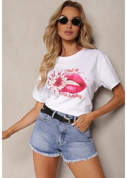 Biało-Różowy Bawełniany T-shirt Koszulka z Krótkim Rękawem i Nadrukiem Gravilla ze sklepu Renee odzież w kategorii Bluzki damskie - zdjęcie 173296564
