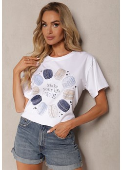 Biało-Niebieski T-shirt z Bawełny z Ozdobnym Nadrukiem i Cyrkoniami Tessera ze sklepu Renee odzież w kategorii Bluzki damskie - zdjęcie 173296624