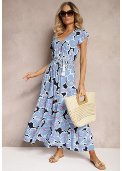 Niebieska Kwiecista Sukienka z Wiskozy z Gumką w Talii Wiązana Materiałowym Paskiem Vikennia ze sklepu Renee odzież w kategorii Sukienki - zdjęcie 173296874