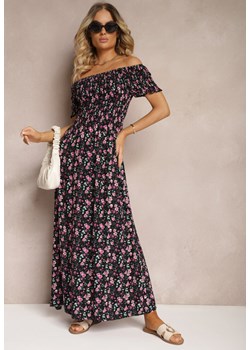 Czarno-Różowa Kwiecista Sukienka Hiszpanka z Wiskozy z Gumką w Talii Naadia ze sklepu Renee odzież w kategorii Sukienki - zdjęcie 173296880