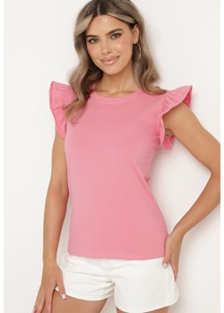 Różowa Bluzka z Bawełny Ozdobiona Falbankami przy Rękawach Krisana ze sklepu Born2be Odzież w kategorii Bluzki damskie - zdjęcie 173301311