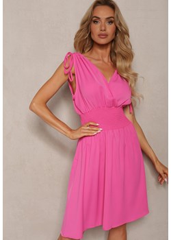 Różowa Kopertowa Sukienka z Gumką w Pasie Ściągana na Ramionach Cinnia ze sklepu Renee odzież w kategorii Sukienki - zdjęcie 173301480