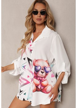Biało-Różowa Koszula z Ozdobnym Nadrukiem Misia i Podwijanymi Rękawami Silefia ze sklepu Renee odzież w kategorii Koszule damskie - zdjęcie 173301560
