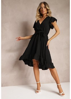 Czarna Sukienka z Asymetrycznym Tyłem z Kopertowym Dekoltem Ozdobiona Paskiem w Talii Toridia ze sklepu Renee odzież w kategorii Kurtki damskie - zdjęcie 173301831
