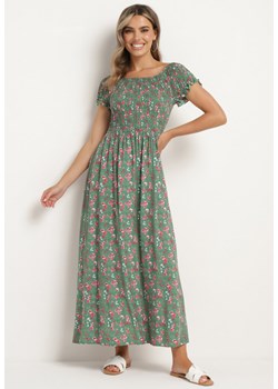 Zielono-Różowa Wiskozowa Sukienka Typu Hiszpanka z Gumką w Pasie w Drobne Kwiaty Luadia ze sklepu Born2be Odzież w kategorii Sukienki - zdjęcie 173305221