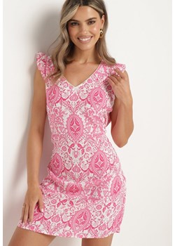 Różowa Kwiecista Sukienka Mini z Materiałowym Paskiem i Falbankami Caidin ze sklepu Born2be Odzież w kategorii Sukienki - zdjęcie 173305270