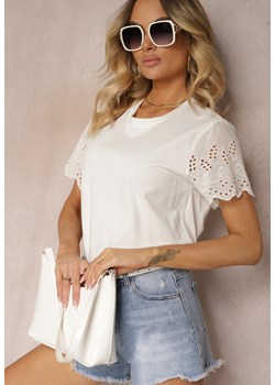 Biała Bawełniana Bluzka T-shirt z Rękawem o Ażurowym Wykończeniu Vikelle ze sklepu Renee odzież w kategorii Bluzki damskie - zdjęcie 173307463