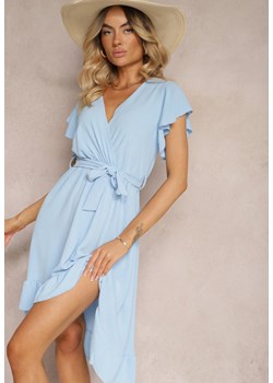 Jasnoniebieska Sukienka z Asymetrycznym Tyłem z Kopertowym Dekoltem Ozdobiona Paskiem w Talii Toridia ze sklepu Renee odzież w kategorii Sukienki - zdjęcie 173307533