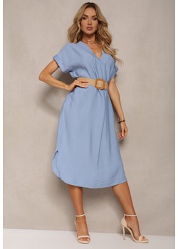 Niebieska Sukienka z Wiskozy z Trójkątnym Dekoltem i Paskiem z Plecionki Diremia ze sklepu Renee odzież w kategorii Sukienki - zdjęcie 173322311