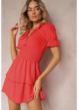 Czerwona Rozkloszowana Sukienka z Gumką w Talii i Ozdobnymi Falbankami przy Dekolcie Arcidia ze sklepu Renee odzież w kategorii Sukienki - zdjęcie 173327771