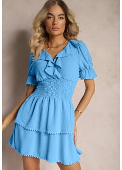 Niebieska Rozkloszowana Sukienka z Gumką w Talii i Ozdobnymi Falbankami przy Dekolcie Arcidia ze sklepu Renee odzież w kategorii Sukienki - zdjęcie 173327781