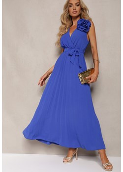 Niebieska Koktajlowa Sukienka Plisowana z Kwiatową Broszką Paskiem i Gumką w Talii Viknna ze sklepu Renee odzież w kategorii Sukienki - zdjęcie 173327923