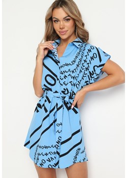 Niebieska Koszulowa Sukienka z Materiałowym Paskiem w Talii i Ozdobnymi Napisami Gareta ze sklepu Born2be Odzież w kategorii Sukienki - zdjęcie 173334590