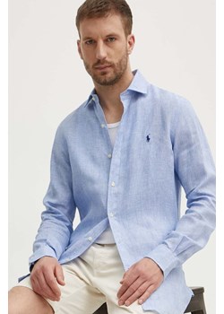 Polo Ralph Lauren koszula lniana kolor niebieski slim z kołnierzykiem włoskim 712938931 ze sklepu ANSWEAR.com w kategorii Koszule męskie - zdjęcie 173337314