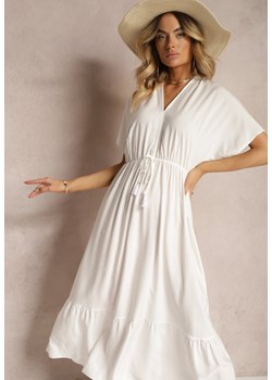 Biała Wiskozowa Sukienka z Troczkiem z Frędzlami i Gumką w Pasie Tresis ze sklepu Renee odzież w kategorii Sukienki - zdjęcie 173337854