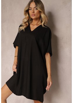Czarna Pudełkowa Sukienka z Bawełny z Krótkim Rękawem i Trójkątnym Dekoltem Vikana ze sklepu Renee odzież w kategorii Sukienki - zdjęcie 173337994