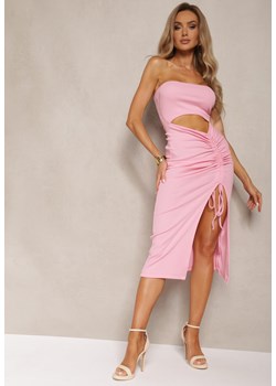 Różowa Sukienka Dopasowana Bandeau z Bawełny z Ozdobnym Rozcięciem w Pasie Vikisaema ze sklepu Renee odzież w kategorii Sukienki - zdjęcie 173338621