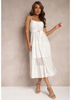Biała Ażurowa Sukienka o Rozkloszowanym Kroju na Ramiączkach z Materiałowym Paskiem Residia ze sklepu Renee odzież w kategorii Sukienki - zdjęcie 173338684