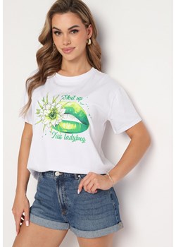 Zielony T-shirt z Bawełny z Ozdobnym Printem Xarilla ze sklepu Born2be Odzież w kategorii Bluzki damskie - zdjęcie 173338791