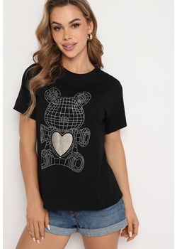 Czarny Klasyczny T-shirt z Bawełny Ozdobiony Nadrukiem Risaline ze sklepu Born2be Odzież w kategorii Bluzki damskie - zdjęcie 173338840