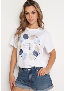 Biało-Niebieski Bawełniany T-shirt Ozdobiony Nadrukiem i Cyrkoniami Chrisielle ze sklepu Born2be Odzież w kategorii Bluzki damskie - zdjęcie 173338854