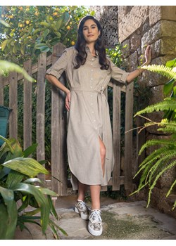 Beżowa sukienka koszulowa z lnem Potis & Verso Toni ze sklepu Eye For Fashion w kategorii Sukienki - zdjęcie 173354254