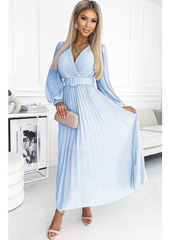 Plisowana sukienka z paskiem błękitna 414-10 Klara, Kolor błękitny, Rozmiar one size, NUMOCO BASIC ze sklepu Primodo w kategorii Sukienki - zdjęcie 173356113