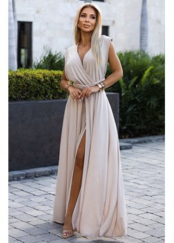 Długa suknia wiązana na wiele sposobów beżowa z brokatem 509-2, Kolor beżowy, Rozmiar one size, Numoco ze sklepu Primodo w kategorii Sukienki - zdjęcie 173356132