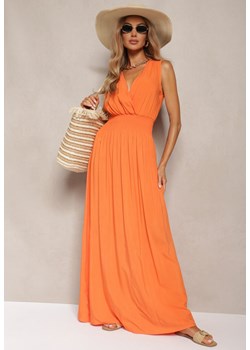 Pomarańczowa Taliowana Sukienka z Wiskozy Wykończona Gumkami w Talii i Kopertowym Dekoltem Kairidia ze sklepu Renee odzież w kategorii Sukienki - zdjęcie 173361934
