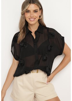 Czarna Koszula Zapinana na Guziki Ozdobiona Aplikacją Opalea ze sklepu Born2be Odzież w kategorii Koszule damskie - zdjęcie 173370804