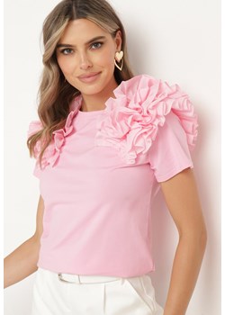 Różowy Bawełniany T-shirt Koszulka z Krótkim Rękawem Ozdobiona Aplikacją z Falbankami Aristine ze sklepu Born2be Odzież w kategorii Bluzki damskie - zdjęcie 173370860