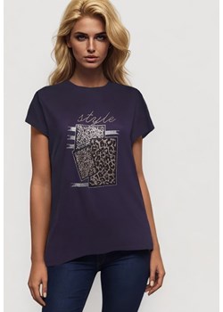 Granatowy Bawełniany T-shirt z Ozdobnym Napisem i Cyrkoniami Krisiona ze sklepu Born2be Odzież w kategorii Bluzki damskie - zdjęcie 173370870