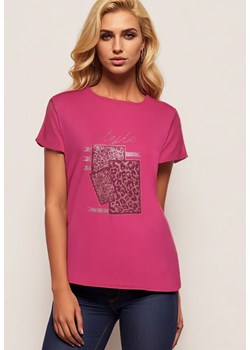 Ciemnoróżowy Bawełniany T-shirt z Ozdobnym Napisem i Cyrkoniami Krisiona ze sklepu Born2be Odzież w kategorii Bluzki damskie - zdjęcie 173370873