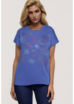 Niebieski Klasyczny Bawełniany T-shirt Ozdobiony Cyrkoniami Christara ze sklepu Born2be Odzież w kategorii Bluzki damskie - zdjęcie 173370882
